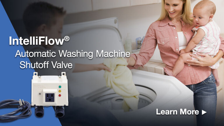 Mom holding baby while putting items into washing machine on banner with intelliflow system overlayed. 